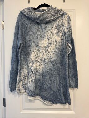 Chicos Cowl Neck Ombre Asymmetrical Paisley Knit Sweater - Blue